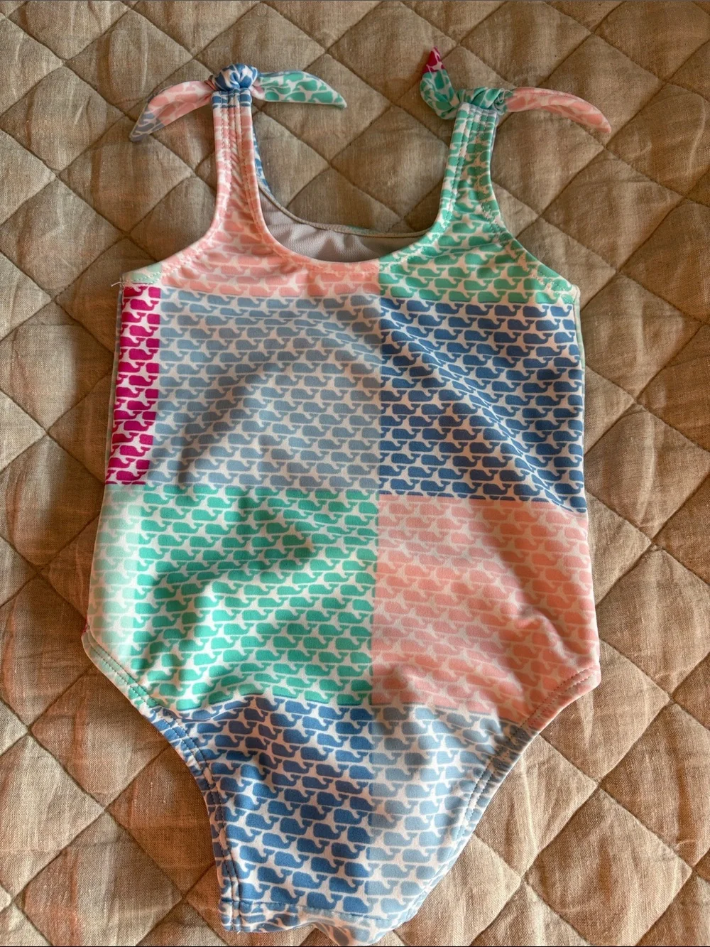 Vineyard Vines Kids One-Piece Swimsuit in Mint, Pink & Blue Whale Patchwork